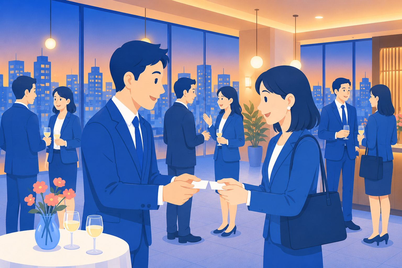 不動産売買業者同士が名刺交換をしながら交流するパーティー会場のイラスト