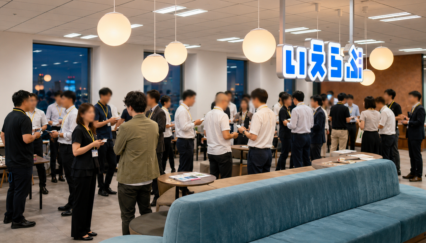 不動産売買業者同士が名刺交換をしながら交流する業者会場のイラスト